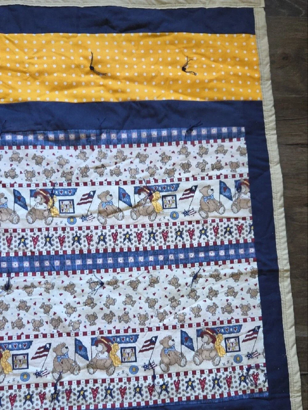 Handmade Navy & Yellow Baby Patchwork Quilt Blanket Polka Dot And Teddy Bear